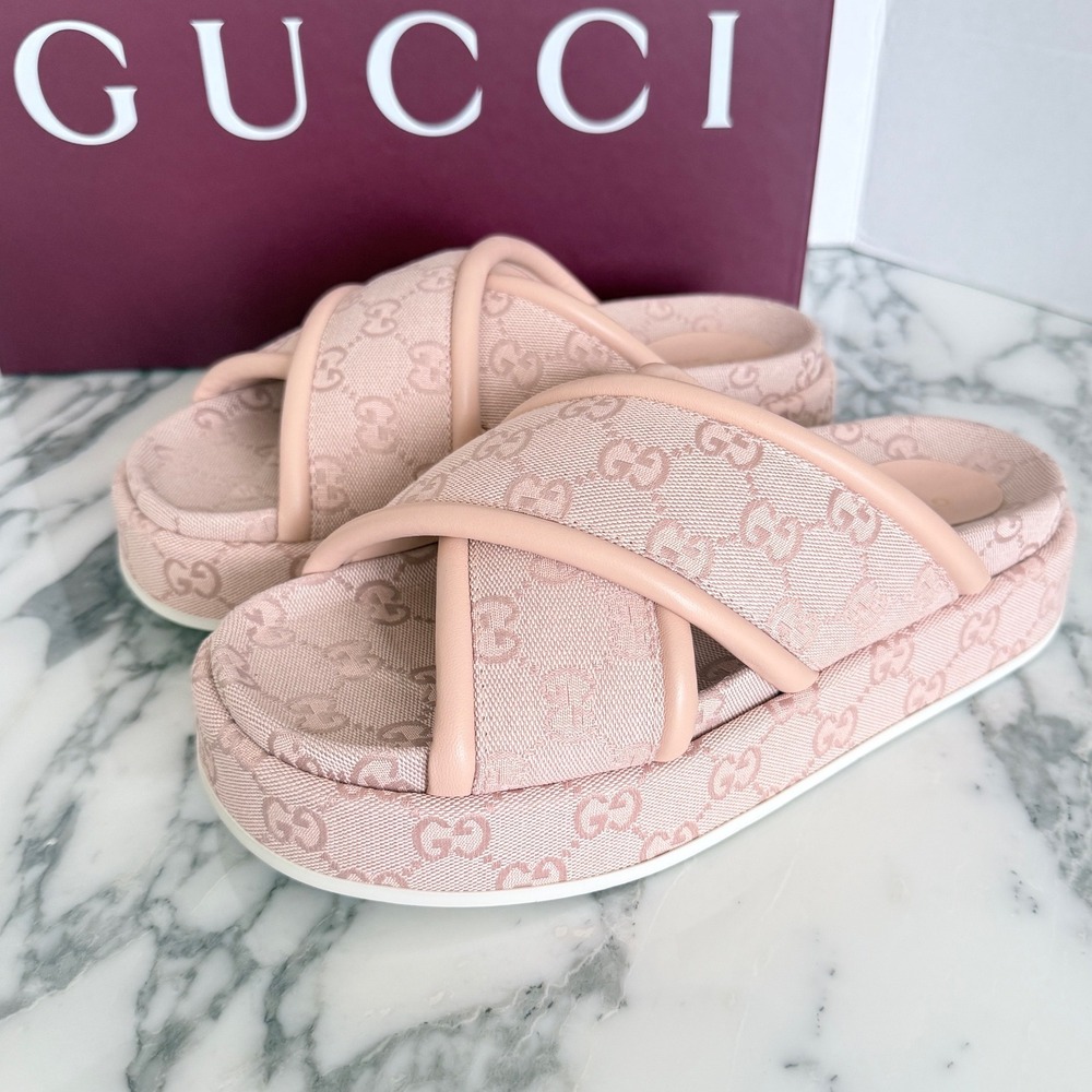 Gucci GG Canvas Platform Slide Sandals Light Pink Monogram Leather Trim 37